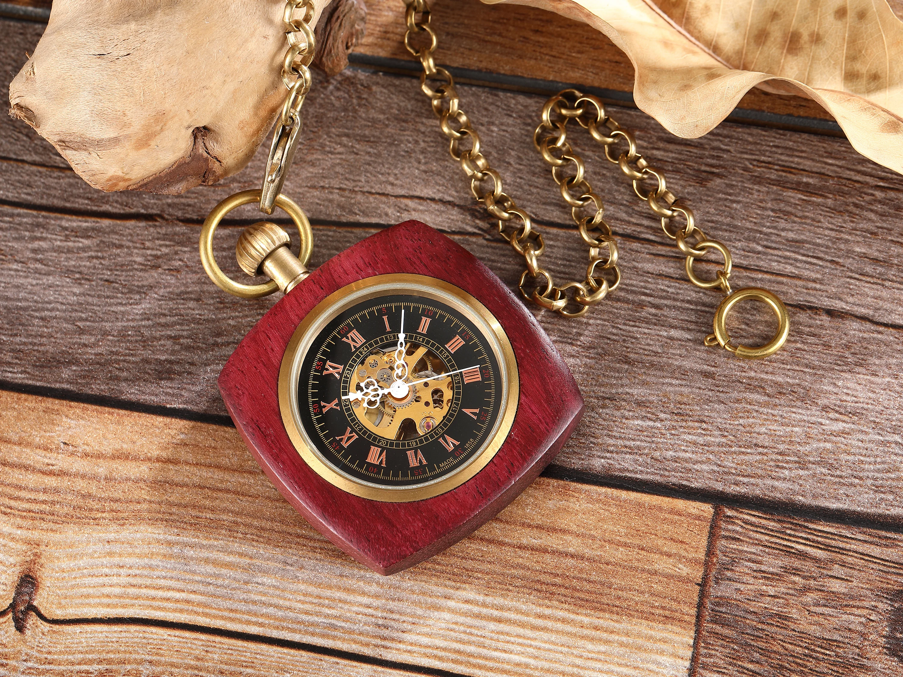 Retro Unique Royal Red Wooden Bamboo Hand Winding Mechanical Pocket Watch Square Dial with Gold Chain Men Hour Clock Gifts 2023