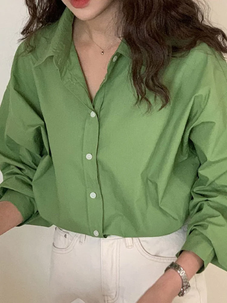 

Korean Chic All-match Long Sleeved Shirt Women's Single Breasted Loose Casual Green Blouse 2022 Autumn New Trend Top G810
