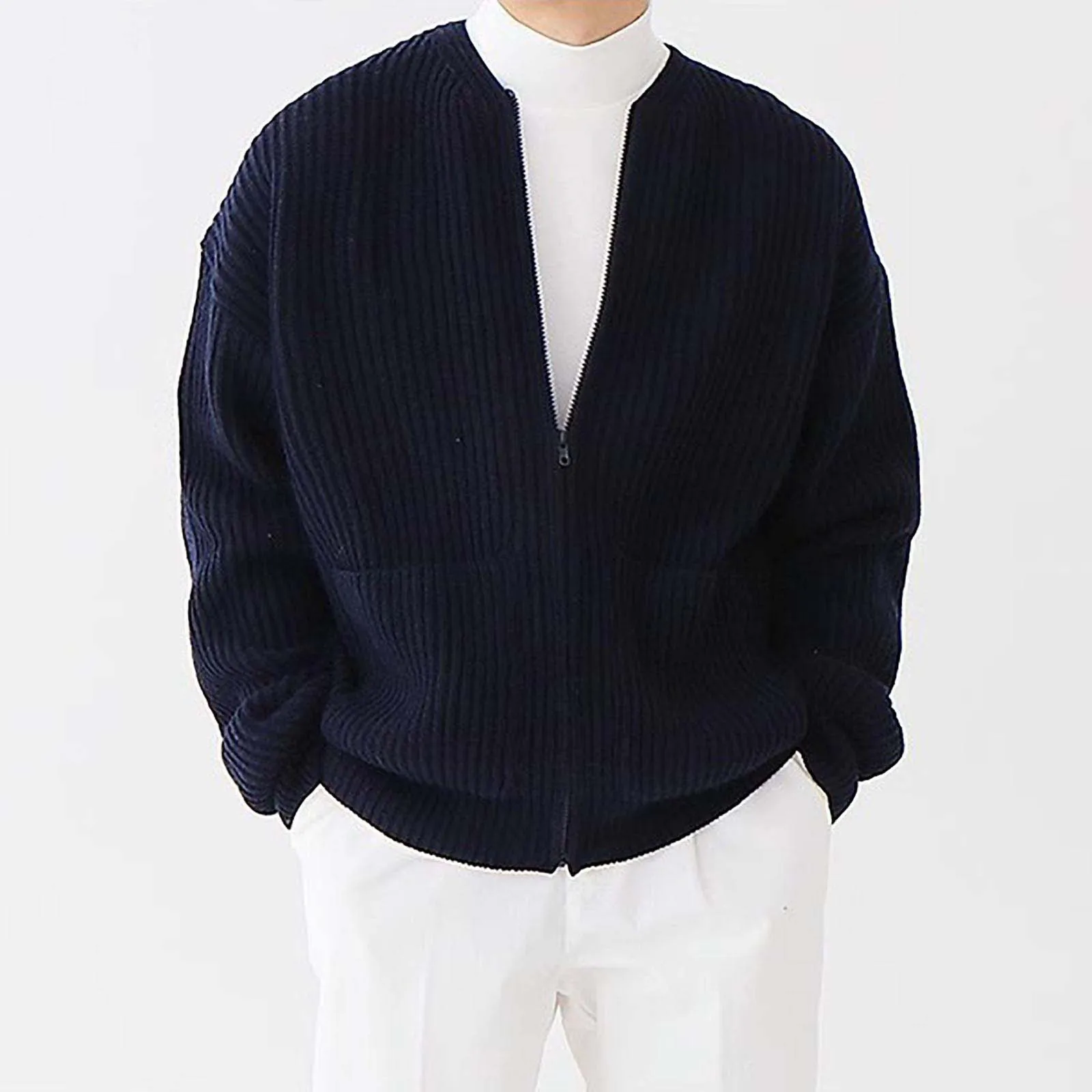2024 осенний вязаный свитер на молнии для мужчин однотонный повседневный тонкий