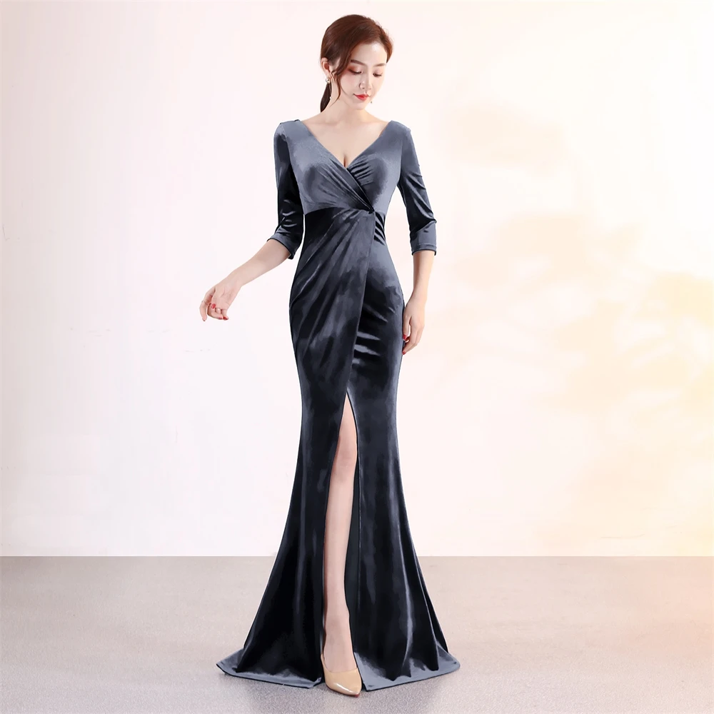 

Long sleeved evening dress, black fashionable and sexy velvet, slimming fishtail dress, banquet president style