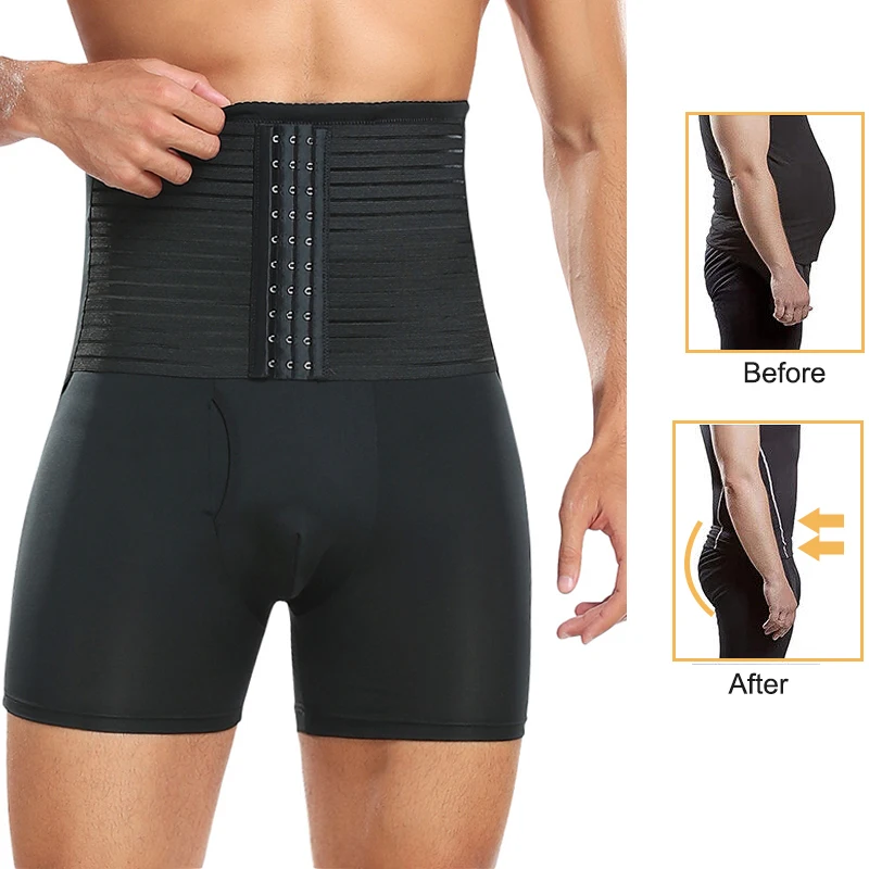 Men High Waist Trainer Shorts with Hooks Tummy Control Body Shaper Padded Boyshorts Butt Lifter Compression Abdomen Belly Shorts