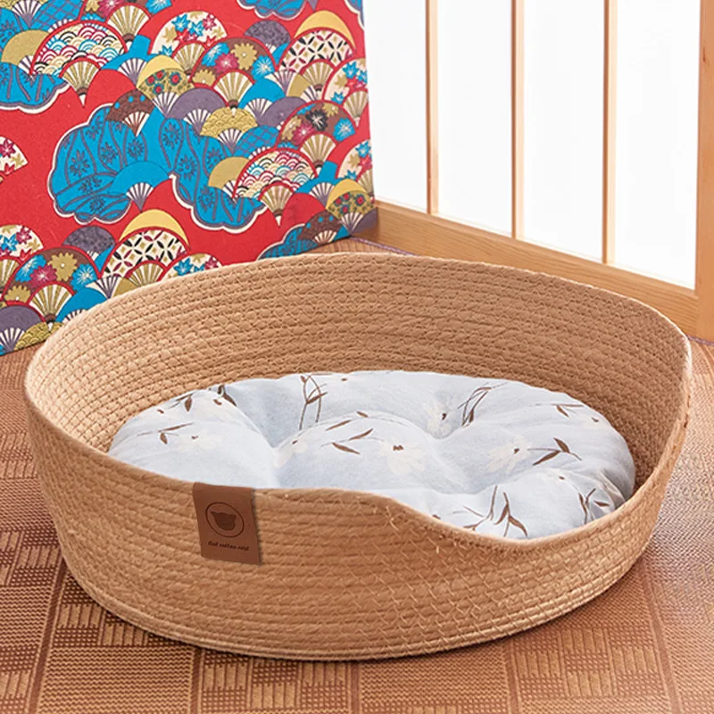 

Pet Bed Dog Beds Four Season Bamboo Weaving Soft Kennel Cozy Nest Baskets Cat Accessories 100% Handmade Cushion for Summer CW36