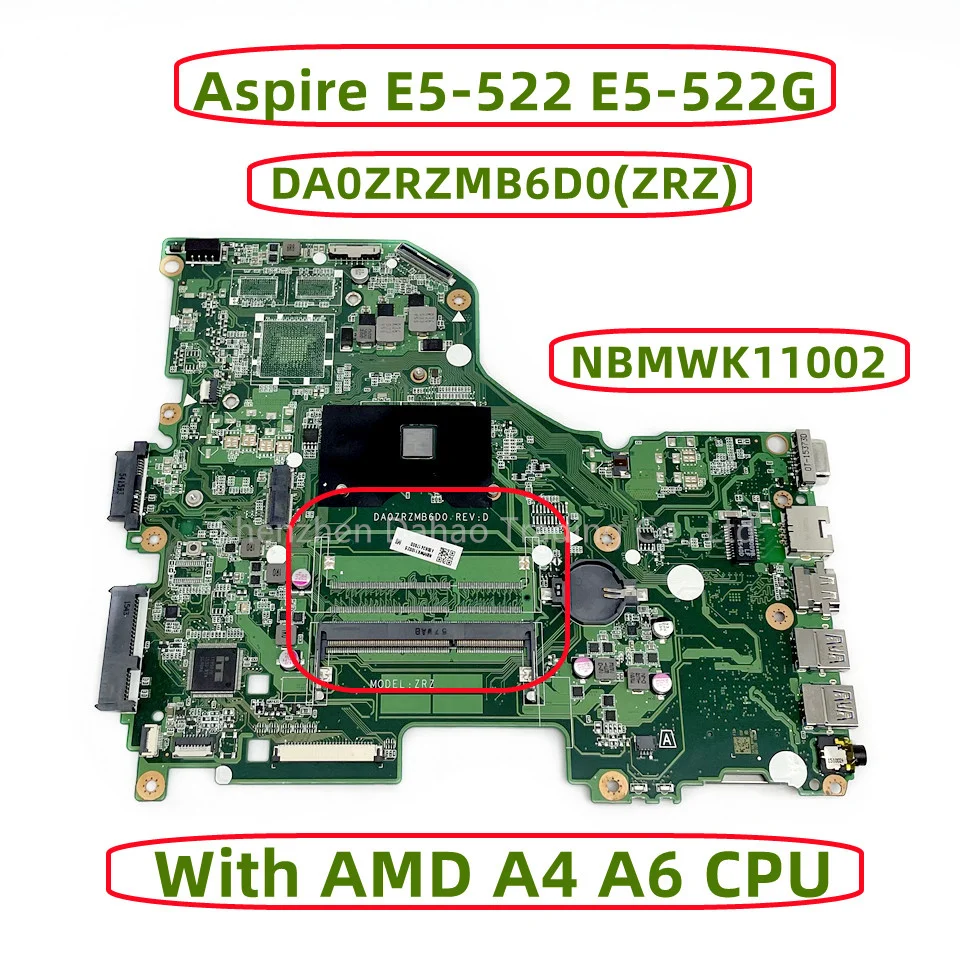 

DA0ZRZMB6D0(ZRZ) NB.MWK11.002 NBMWK11002 For Acer Aspire E5-522 E5-522G Laptop Motherboard With AMD A4-7210 A6-7310 CPU DDR3
