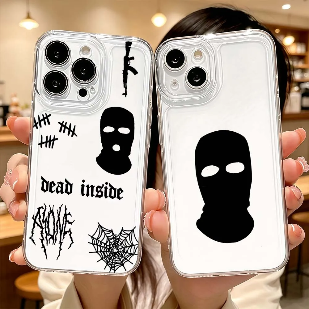 Фото Чехол для телефона в виде черной балаклавы для Apple iPhone 17 Air 16 15 14 13 12 11 Pro Plus Max, прозрачный защитный чехол. №1