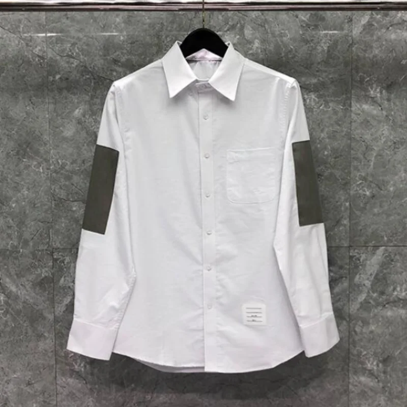TB Mens Casual Shirt New Shirts Men Turn Down Collar Slim Patch Long Sleeve Striped Casual Shirt Oxford Solid Men's Clothing