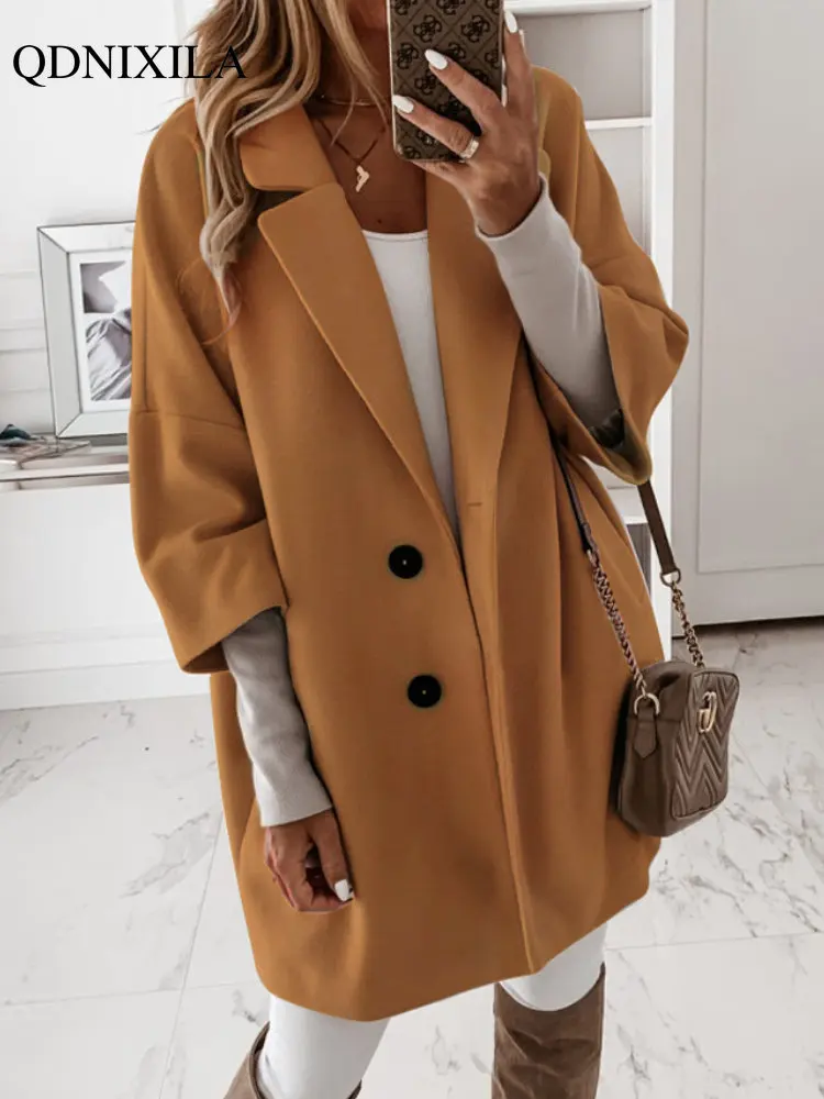 

2022 Fall Winter Wool Blends Coat for Women Korean Fashion Thick Warm Woolen Coat Elegant Lapel Blouse Female Overcoat Outerwear