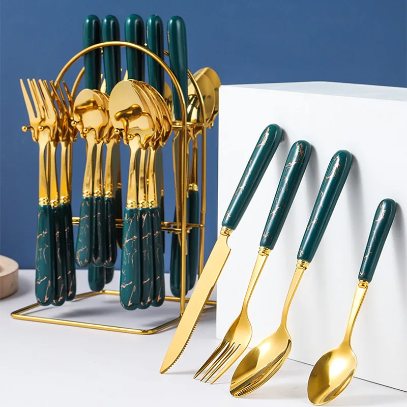24 Piece Cutlery Set Stainless Steel Nordic Ceramic Handle Knife Fork Spoon Gold Plated Vintage Tableware Hotel Table Utensils