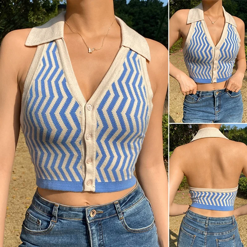 

Women Sexy Halter Knit Halter Vest Women Lapel Slim Sleeveless Short Top Blue