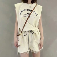 summer letter embroidered loose sleeveless pad t shirt and lace splicing shorts casual sweat suits women set 2 piece sets