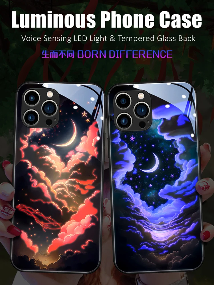 

Night Sky Colorful LED Light Glowing Luminous Tempered Glass Back Phone Case for iPhone 11 12 13 14 X Xs Xr Mini Pro Max Plus