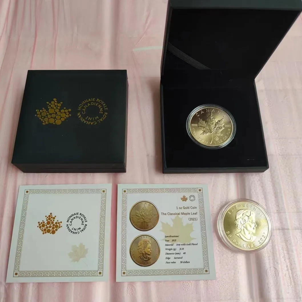 2021 Золотая монета в форме листьев Канады 1 унция с продвинутой коробкой, коллекционные монеты, украшение для дома, медаль ручной работы, монета