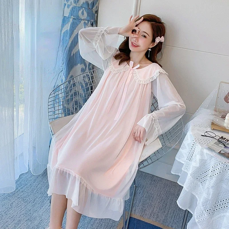 Женская хлопковая сетчатая длинная ночная рубашка пеньюар одежда для сна в