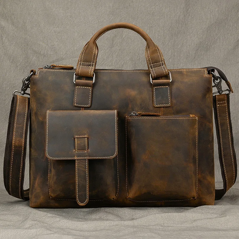 Luufan Vintage Laptop Briefcase Bag Genuine Leather Business Handbags Casual 14