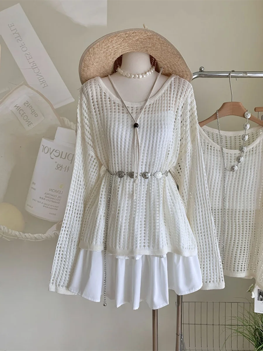 Нежный ажурный вязаный свитер с длинными рукавами комплект из двух предметов