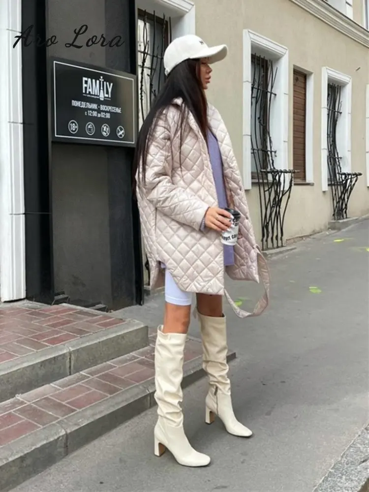 Plaid Long Parkas Winter Down Coat for Women 2022 Warm Puffer Jacket with Belt Casual Slim Cotton Oversize Streetwear Outwear