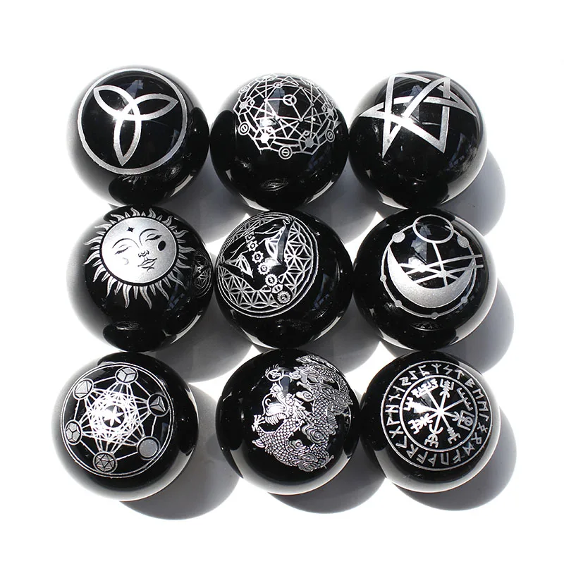 

1 Pcs Natural Black Obsidian Crystal Sphere With Silver Color Chakra Desgin