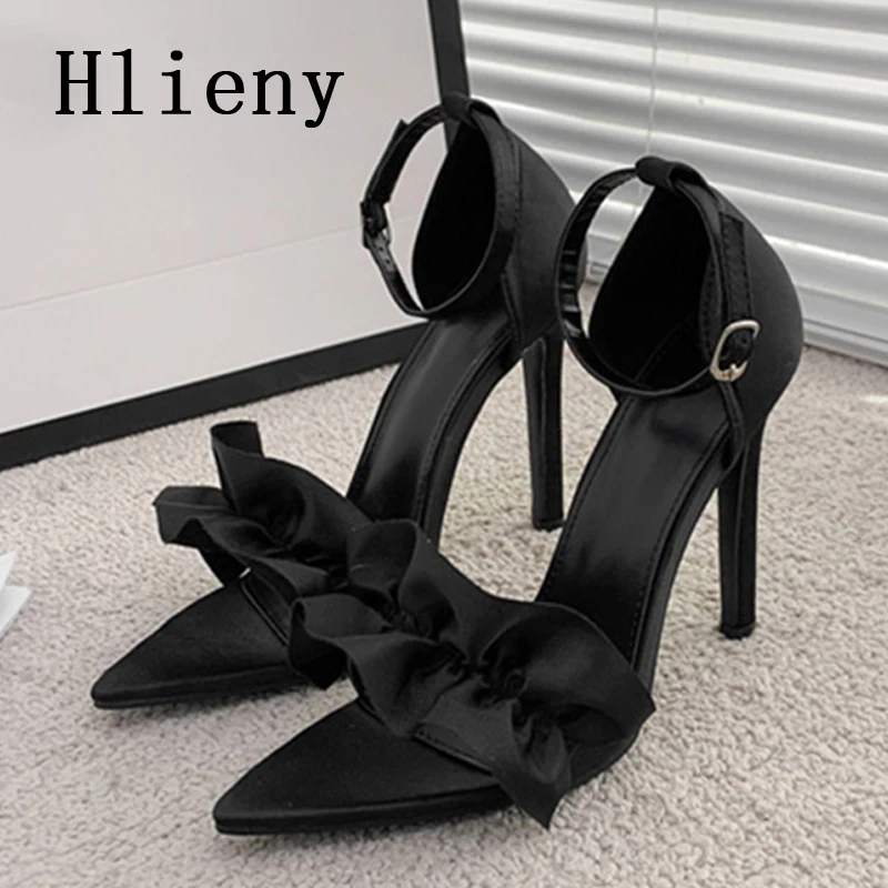 

Hlieny 2023 New Fashion Pointed Toe Pleated Buckle Strap Sandals Women Sexy Gladiator High Heels Summer Party Dress Shoes