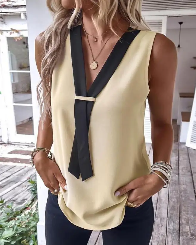 

Contrast Paneled V-Neck Tank Top for Women Europe & America Casual Commute Vest Daily Elegant Work Office Ladies Tanks Tops