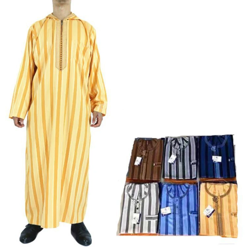 2022 New Muslim Men'S Long-Sleeved Cotton And Linen Striped Hooded Breathable Loose Dubai Saudi Arabia Robe Clothing Ropa Arabe