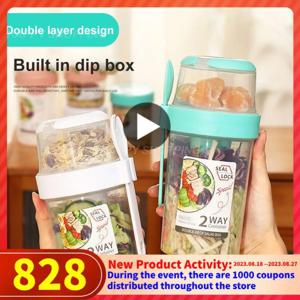 Two-Layers Breakfast Oatmeal Cereal Nut Yogurt Salad Seal Cup Portable Container Set With Fork Cup Lid Bento Food Bowl Lunch Box