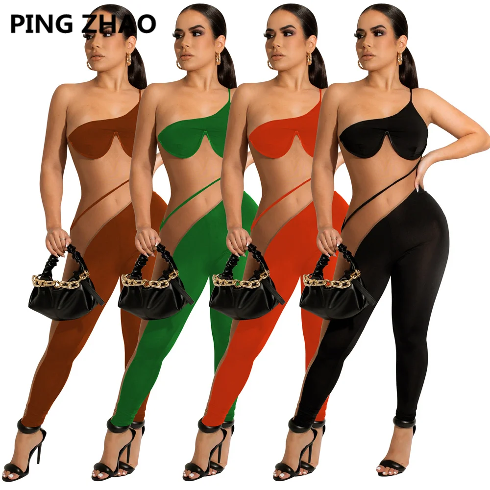 

PING ZHAO Women Mesh Sheer Patchwork One Shoulder Sleeveless Jumpsuit 2022 Summer Sexy Party Club Overall Playsuit