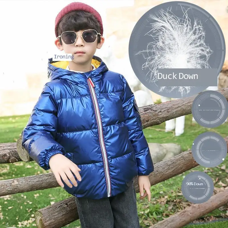 2-10T Winter Boys Girls Down Jacket Glossy Fashion Keep Warm Baby Coat Hooded Zipper Waterproof Outerwear Kids Children Clothes