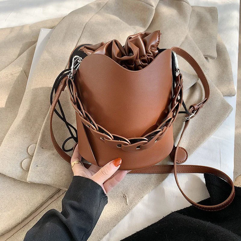 

Sacos de balde de couro do plutônio pequeno da cor sólida para as mulheres 2021 inverno marca designer bolsas senhora drawstring