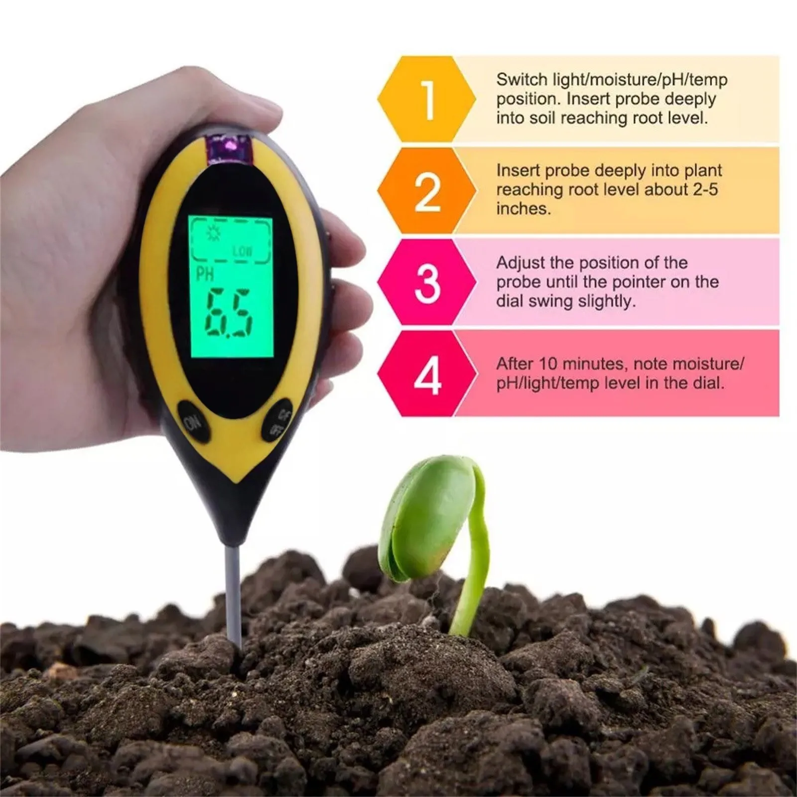 Тестер pH почвы 4-в-1 измеритель PH освещенности влажности и температуры для