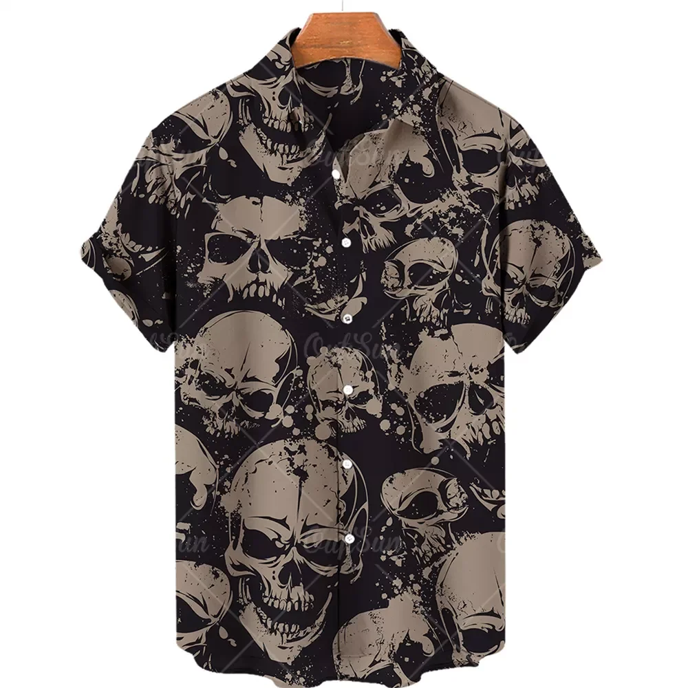 New2022 New Retro Lined for Men Skull Print Shirt Summer Fashion Statement T Shirts Women Casual Short Sleeve Hawaiian Shirt Cam