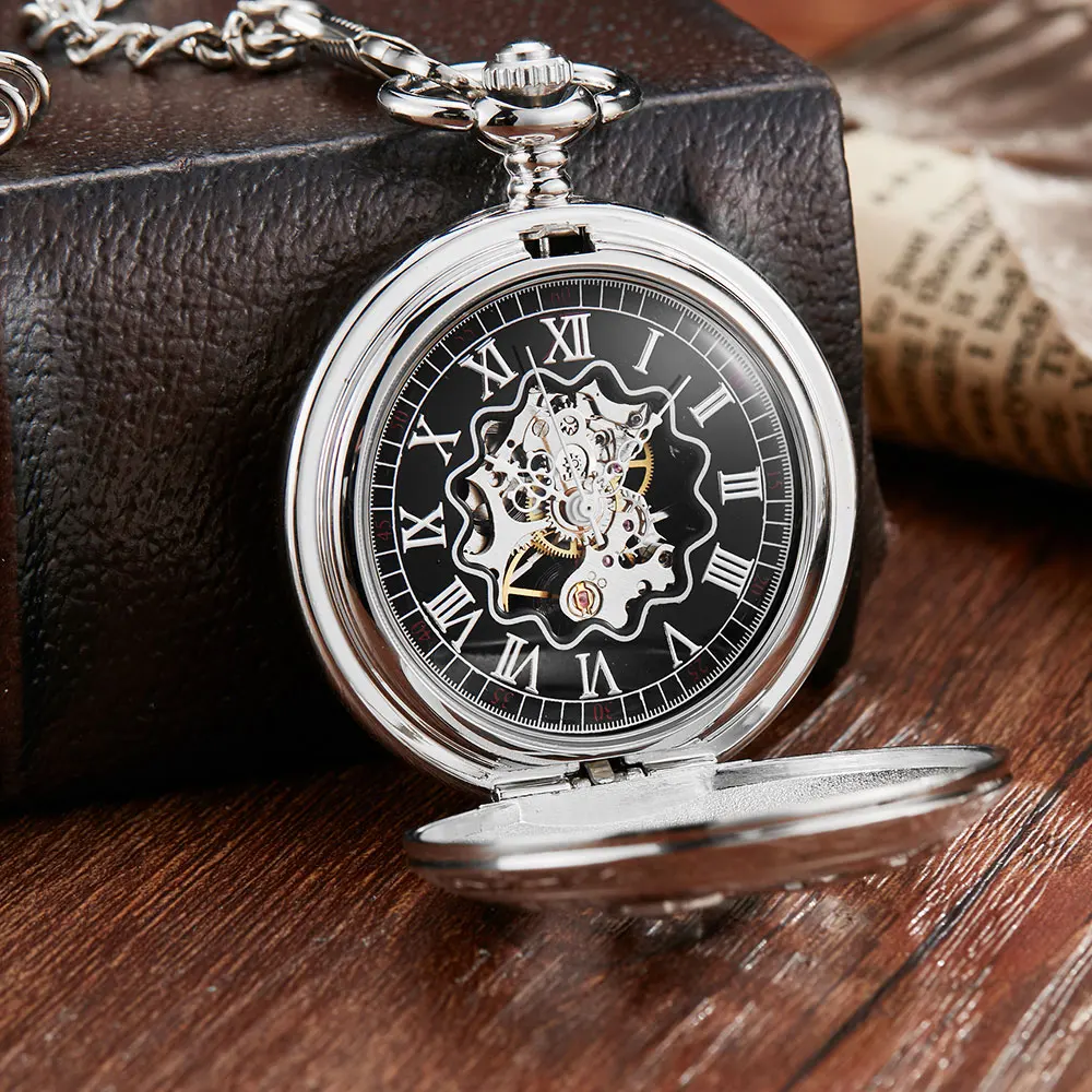 Silver Hollow Bird Flower Sculpture Mechanical Pocket Watch Retro Unique Skeleton Lucky Symbol Mechanical Pocket Watch Fob Chain