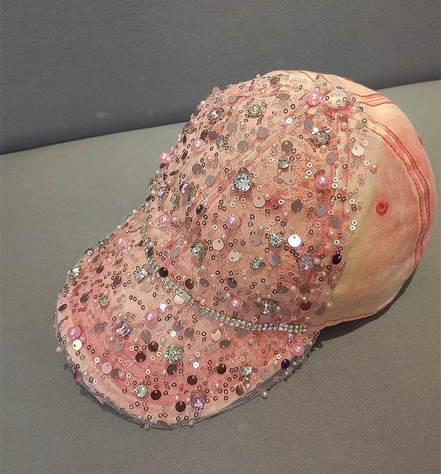 

Шикарная Дизайнерская Женская бейсбольная шляпа с розовым жемчугом и блестками