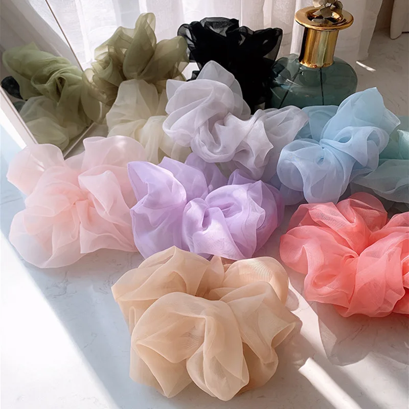 

2023 Summer Organza Scrunchies Women Elastic Hair Band Korean Elegant Ponytail Holder Rubber Tie Band Hair Accessories Wholesale