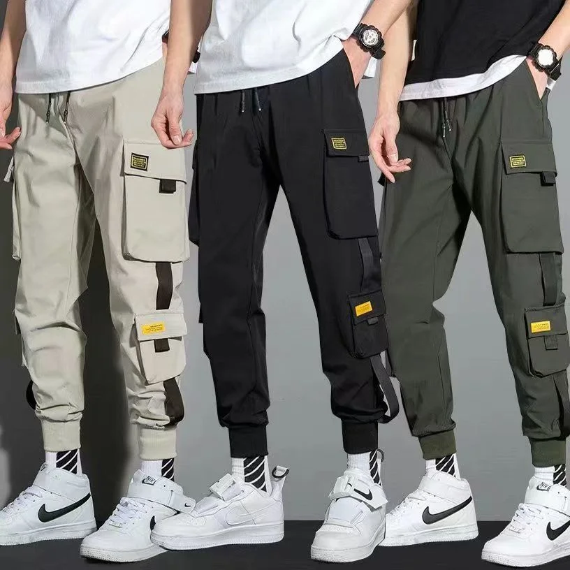 

Thin Streetwear Casual Pants Men Ribbons Harem Jogging Pants Male Slim Fit Spring Cargo Pants Multi-Pockets Women Trouser Jx1