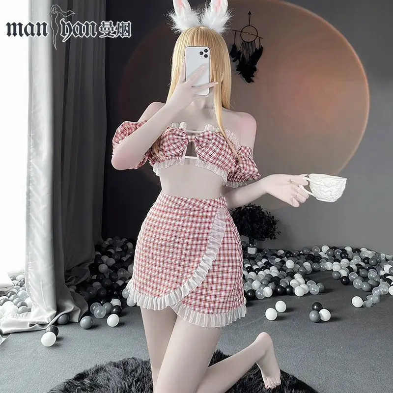 

Милые костюмы для косплея горничной в японском стиле с бантом в клетку, сексуальное нижнее белье, наряды служанки, Лолиты, кофейной девушки, ...