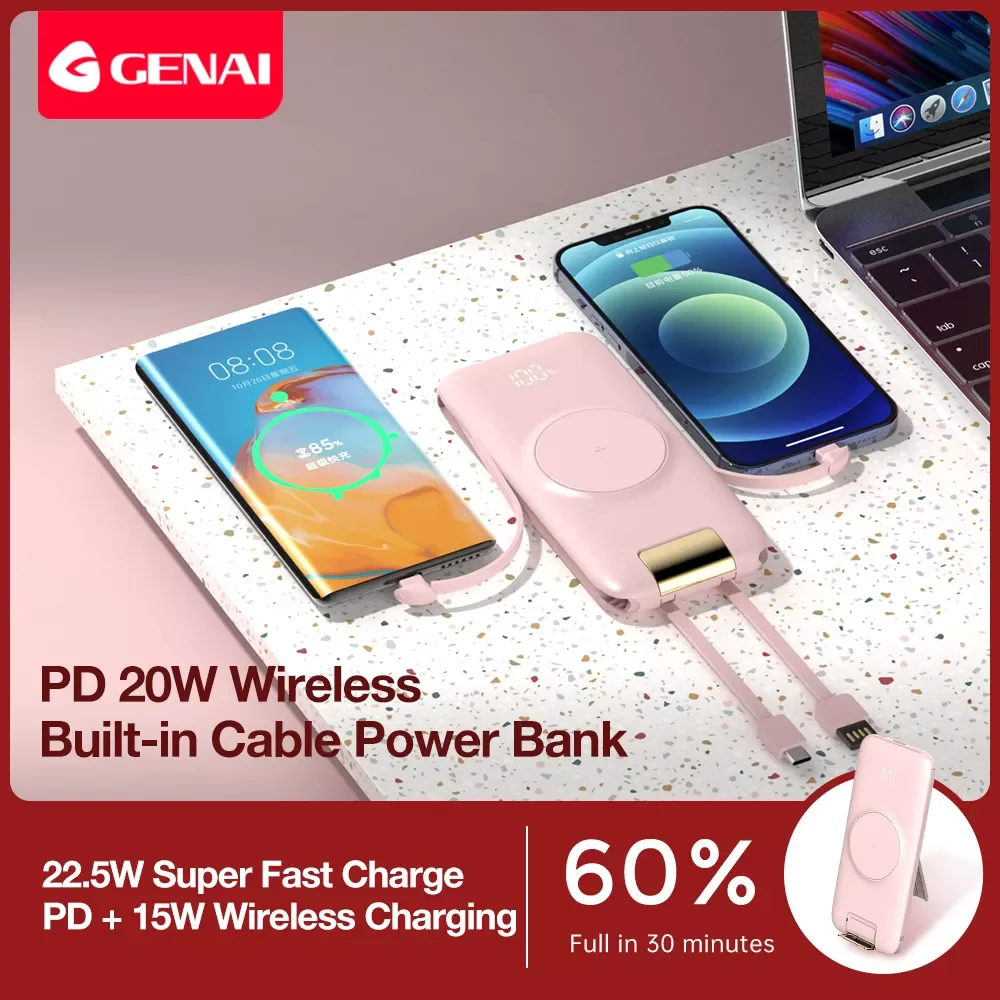 

Genai 20000mAh Power Bank with Built-in Cables Charging Lines PD Charger Portable Wireless Powerbanks External Battery Mobile
