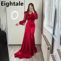 eightale evening dress for wedding party v neck glitter long puffy sleeve red mermaid satin arabic plus size celebrity prom gown
