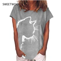 women summer cat printed t shirt casual short sleeved round neck tops ladies loose cotton top tee