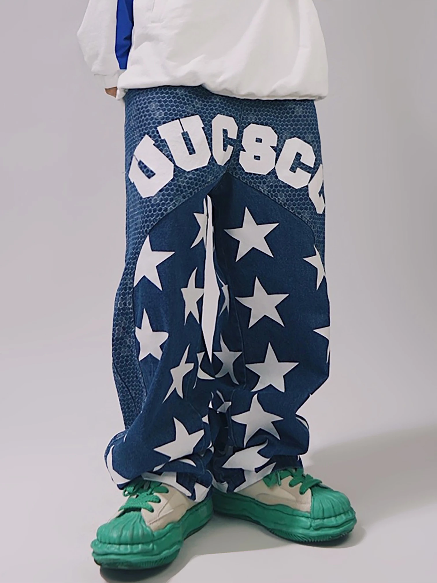 Y2k Clothes Men's Jeans Loose American Pentagram Print Straight Pants Loose Plus Size Workwear Wide Leg Pants Streetwear Denim