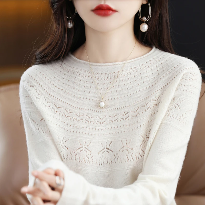 Spring and Autumn Women's Curled Round Neck Hollow Out Sweater                   D02