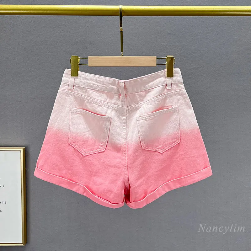 Sequined Denim Shorts Women's 2023 New Summer Gradient High Waist Loose and Limming Wide-Leg Hot Pants Studded Shorts Street