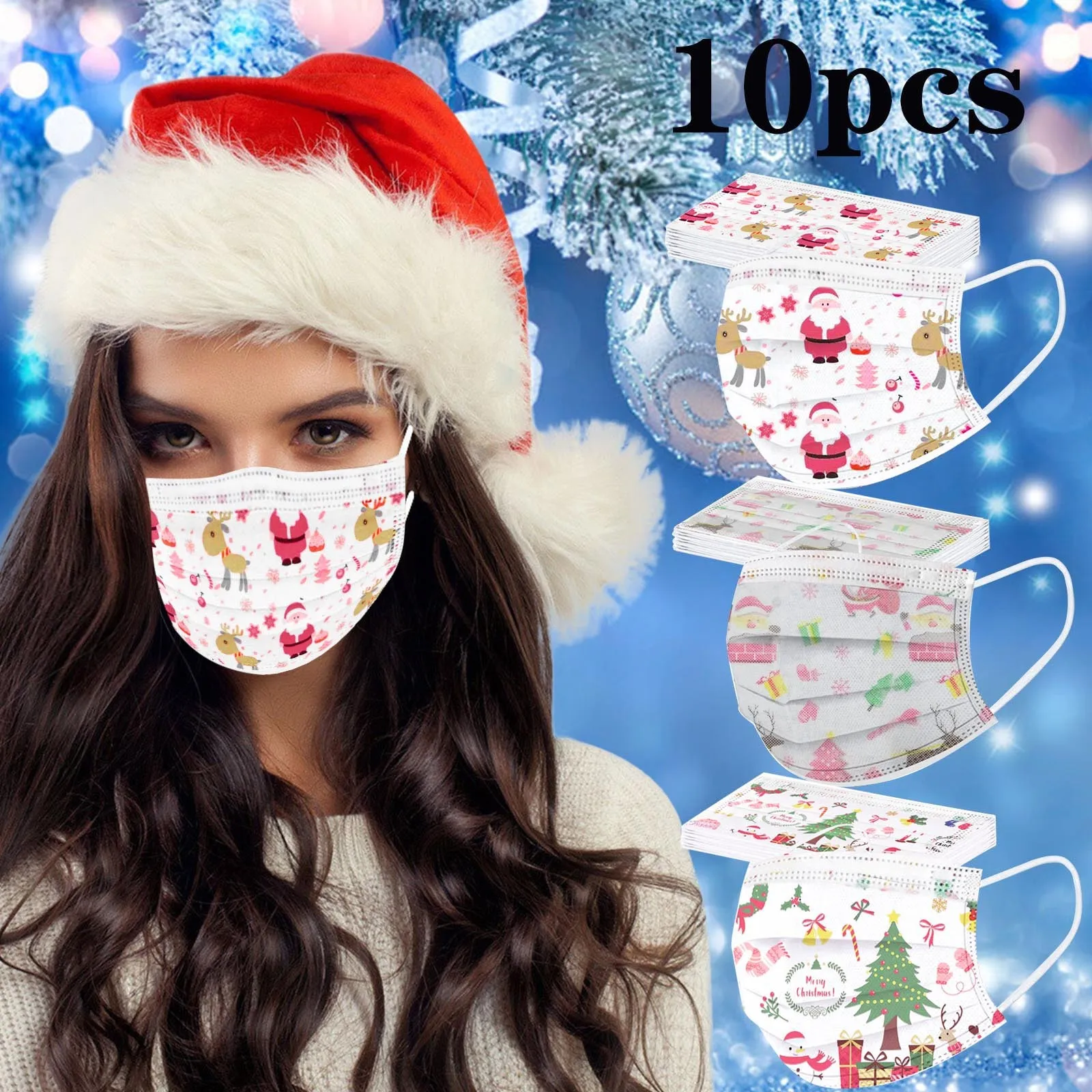 

10pc Christmas Print Masks Cover For Protection Face Mouth Mask Mascarillas Disposable Earloop Dustproof Protective Mask Маска