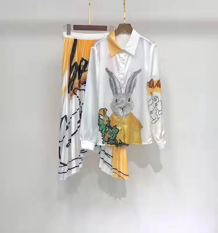 

Kawaii Anime Printed Fashion Women PLeated Dresses Spring Full Sleeves Ladies Elegant 2 Pieces Set Dress Clothes