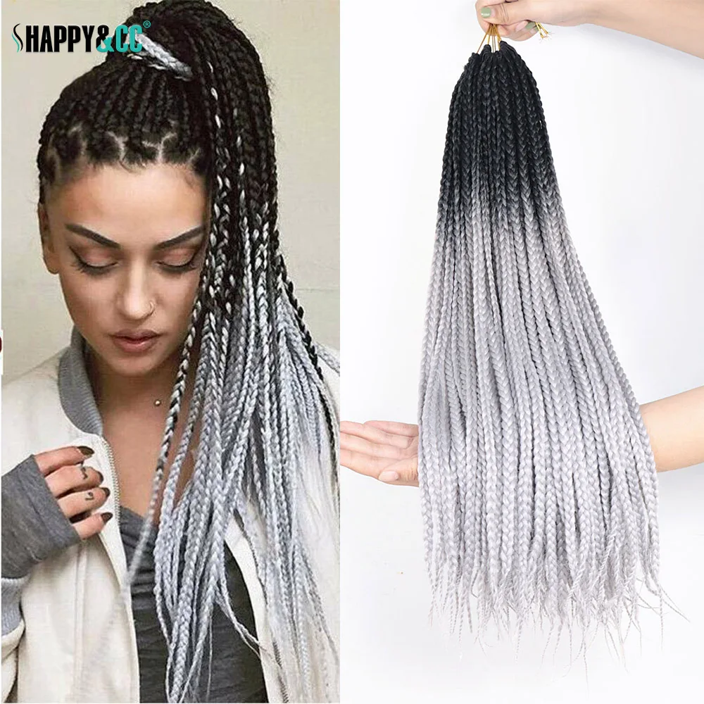 

24 Inch Grey Box Braids Synthetic Crochet Hair Ombre Pink Blue Pre-Looped 3X Braiding Hair Extensions for Black Women