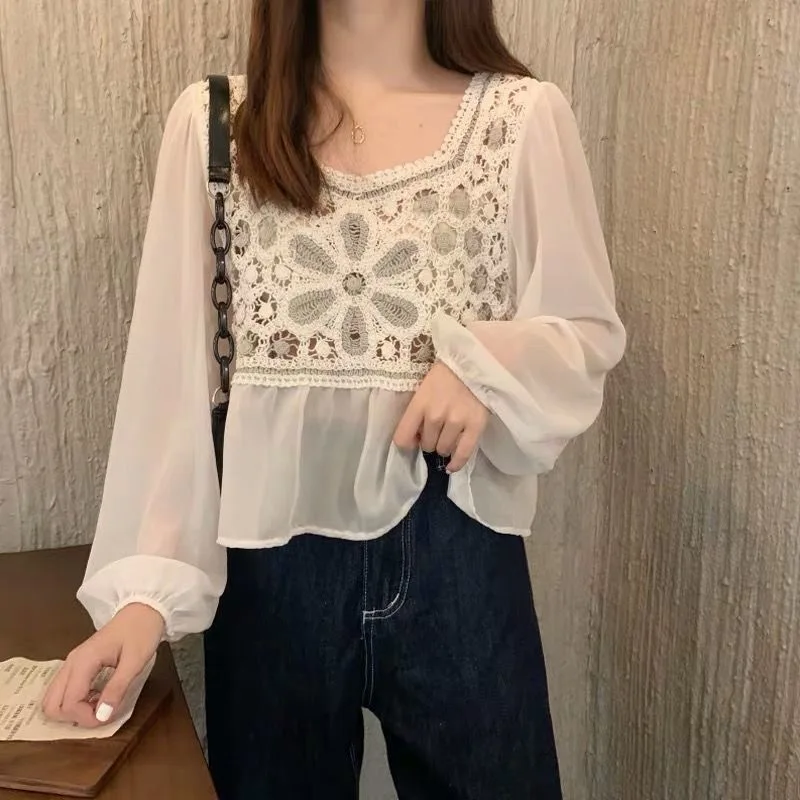 Женская шифоновая куртка без подкладки с длинным рукавом и кружевом - купить по