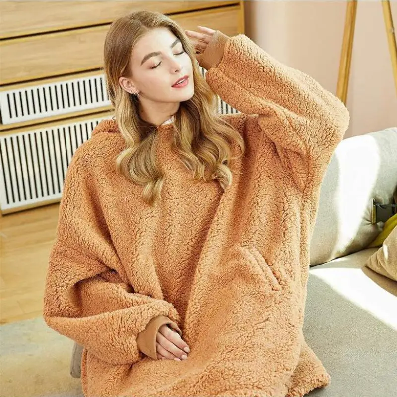 

Winter Flannel Nightgown Womens Long Sleeve Robe Bath Gown Hooded Sleepwear Bathrobe Casual Loose Sleepshirt Homewear