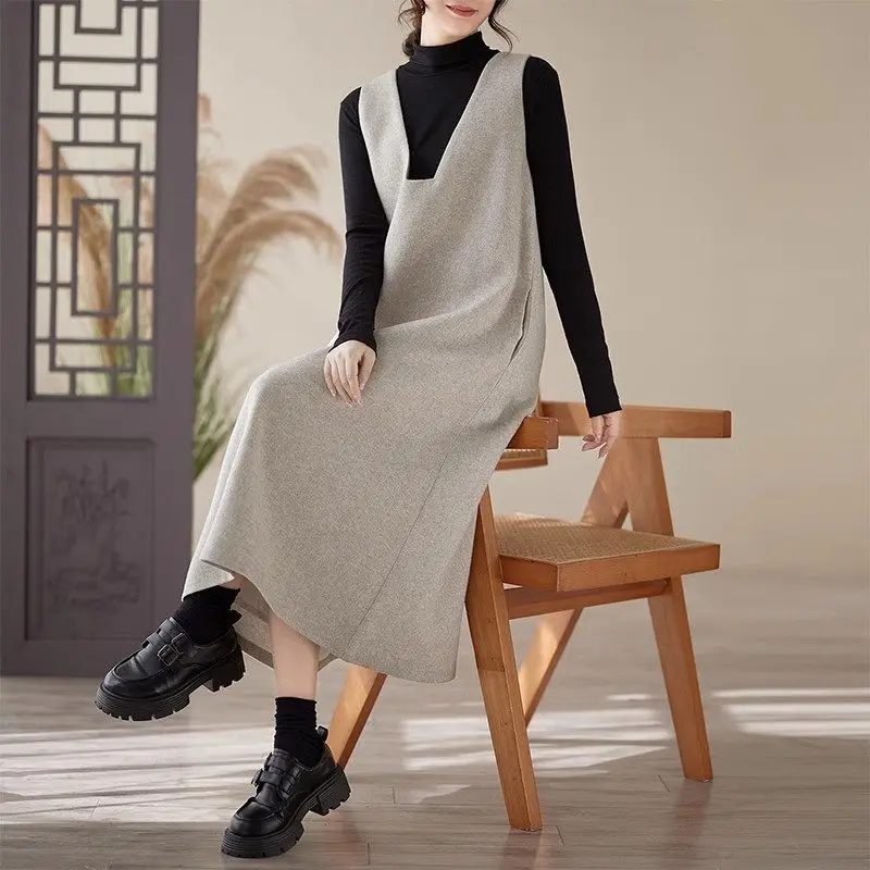 Осенне-зимнее модное шерстяное платье-майка без рукавов 2024 новое платье-жилет