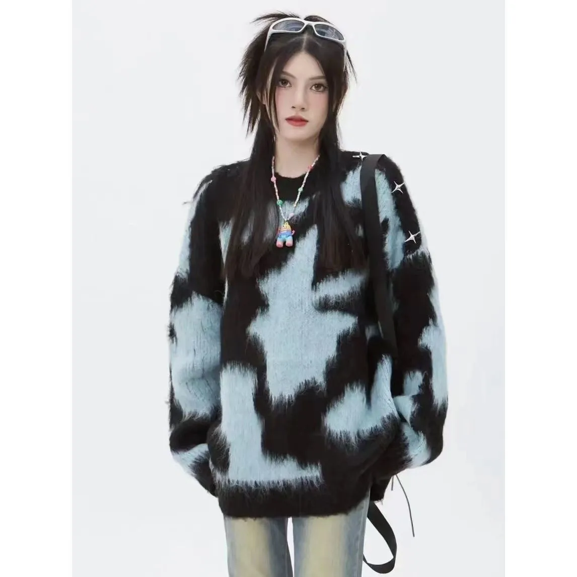 

Винтажный свитер для пары STSVZORR, Мужская и Женская осенне-зимняя контрастная теплая вязаная рубашка с круглым вырезом