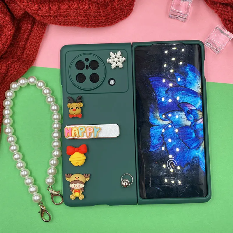 Case For Vivo X Fold Christmas Elk Girl Snow Stand Pearl Bracelet Forest Green Hard Mobile Phone Case Cover