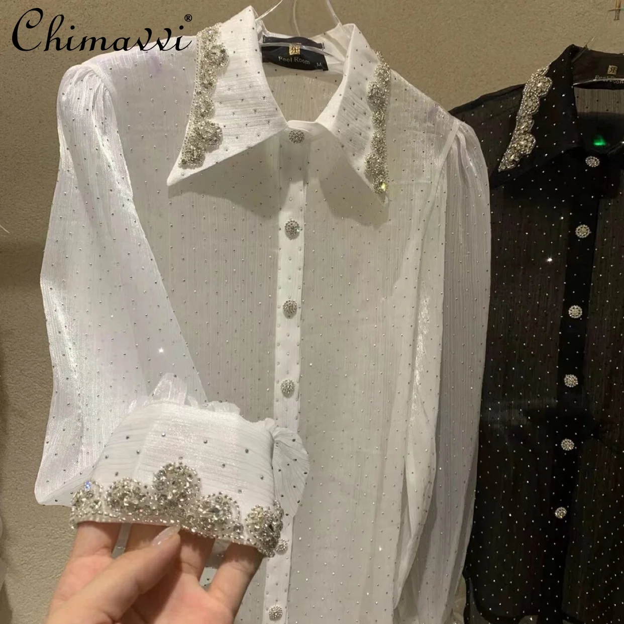 

European 2022 Spring Summer Ladies Fashion Elegant Shirt Women New Diamond-Embedded Rhinestone Loose Long Sleeve Silk Blusas Top