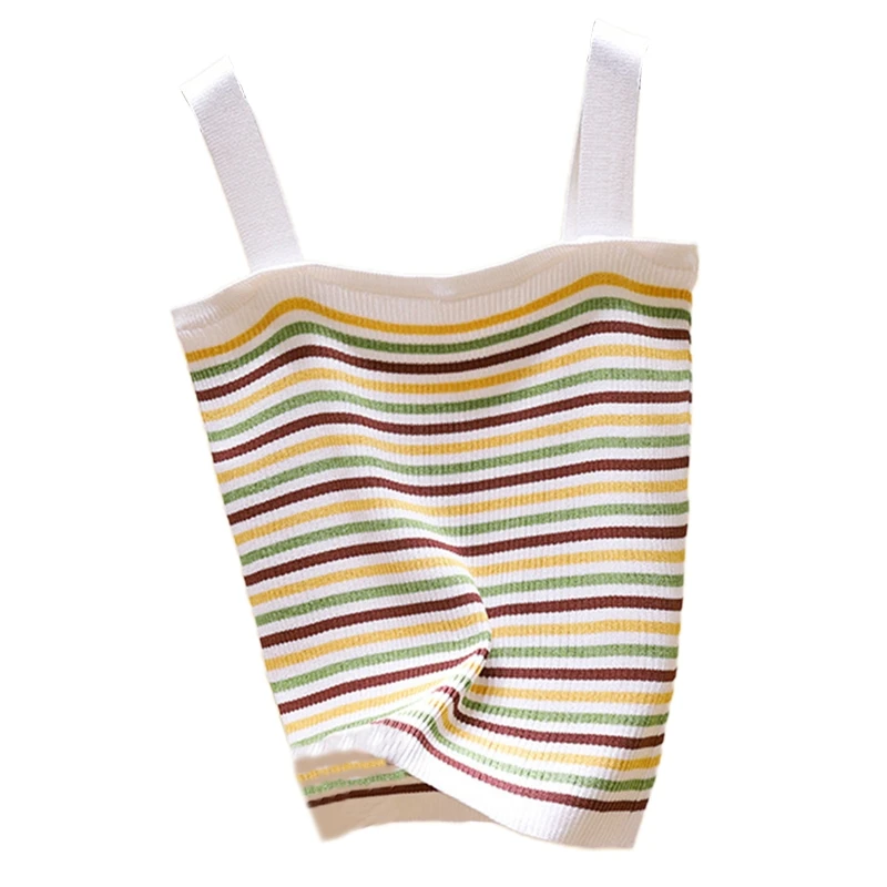 

Women Summer Korean Ribbed Knitted Camisole Wide Strap Sleeveless Crop Tank Top Rainbow Striped Slim Fitted Sweater Vest